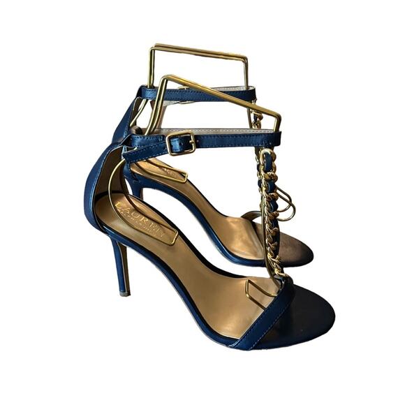 Lauren Ralph Lauren Kate T-Strap Chain Leather Dress Sandals Navy  NEW Size 6 - Picture 2 of 8